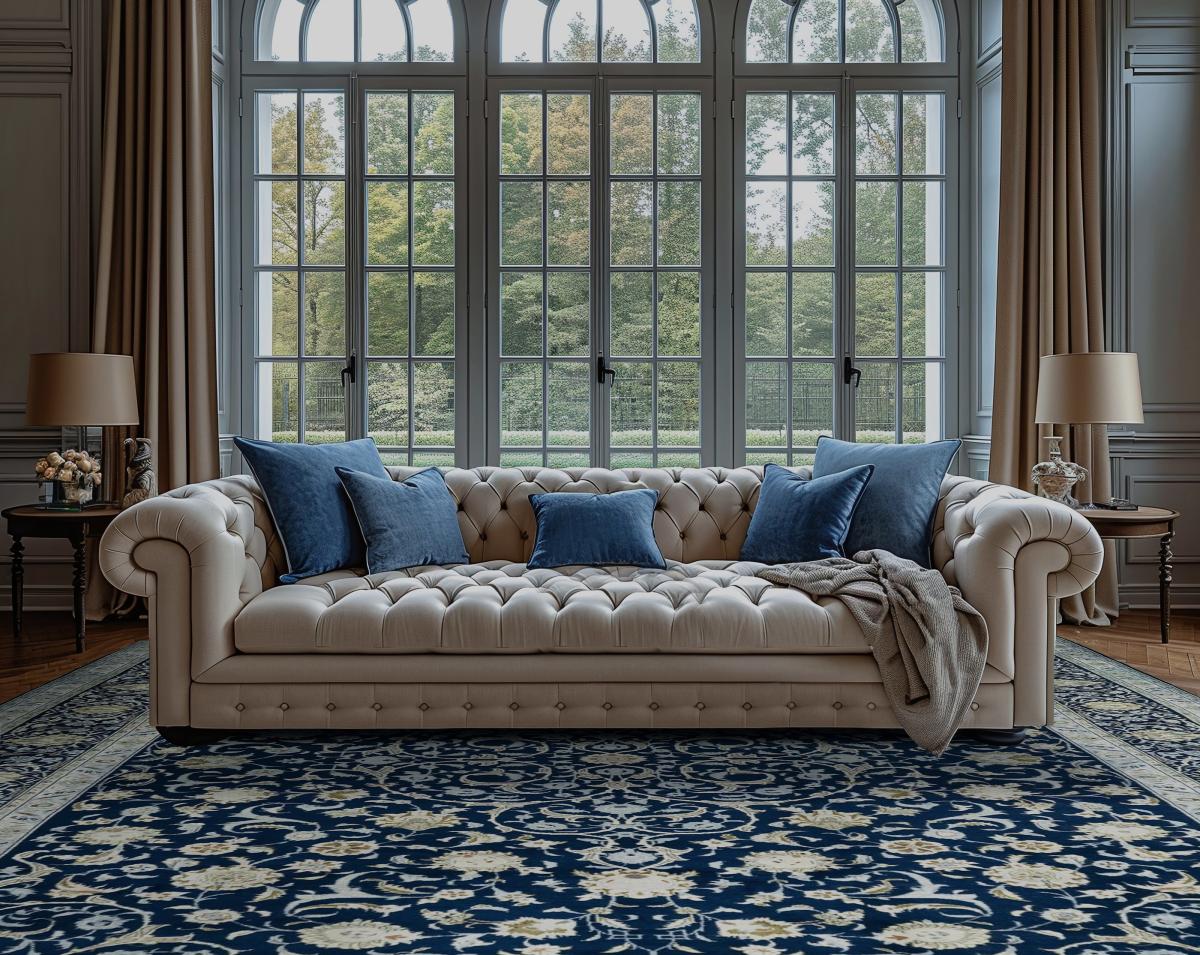 Elegant stue i klassisk indretningsstil med Chesterfield-sofa i beige, blå velourpuder.